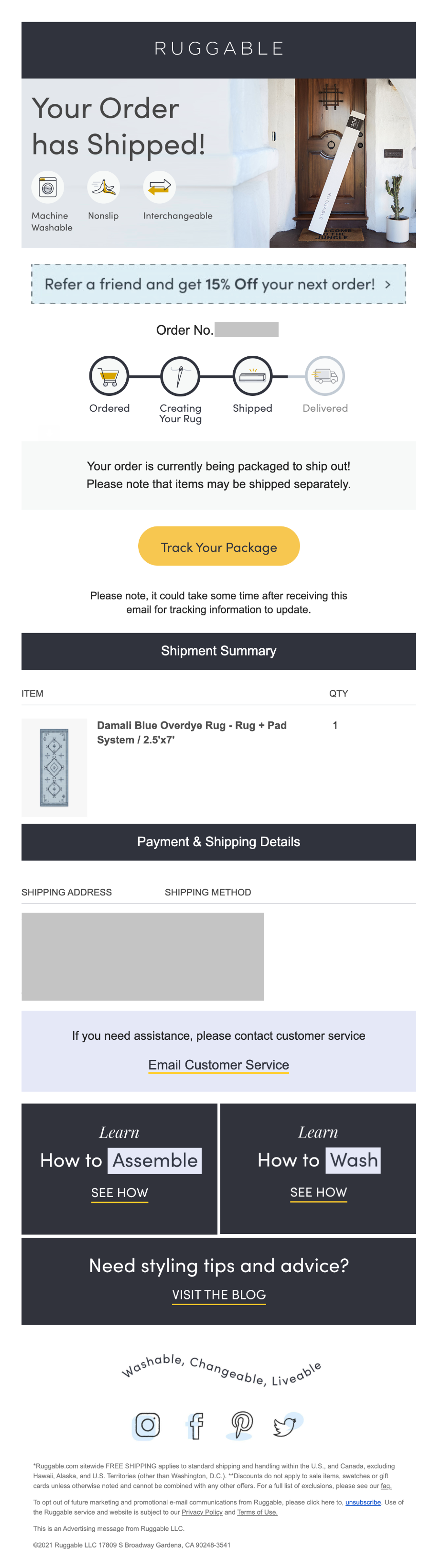 Ruggable Shipment Created Industry Email Template screenshot