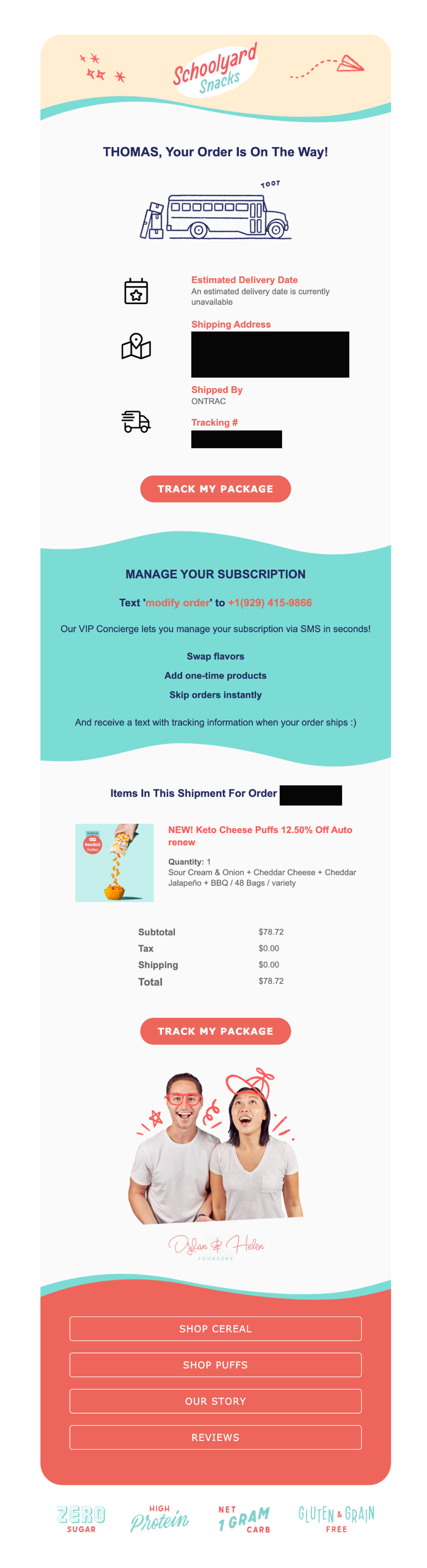 Schoolyard Snacks Order Confirmation Food and Beverage Email Template 