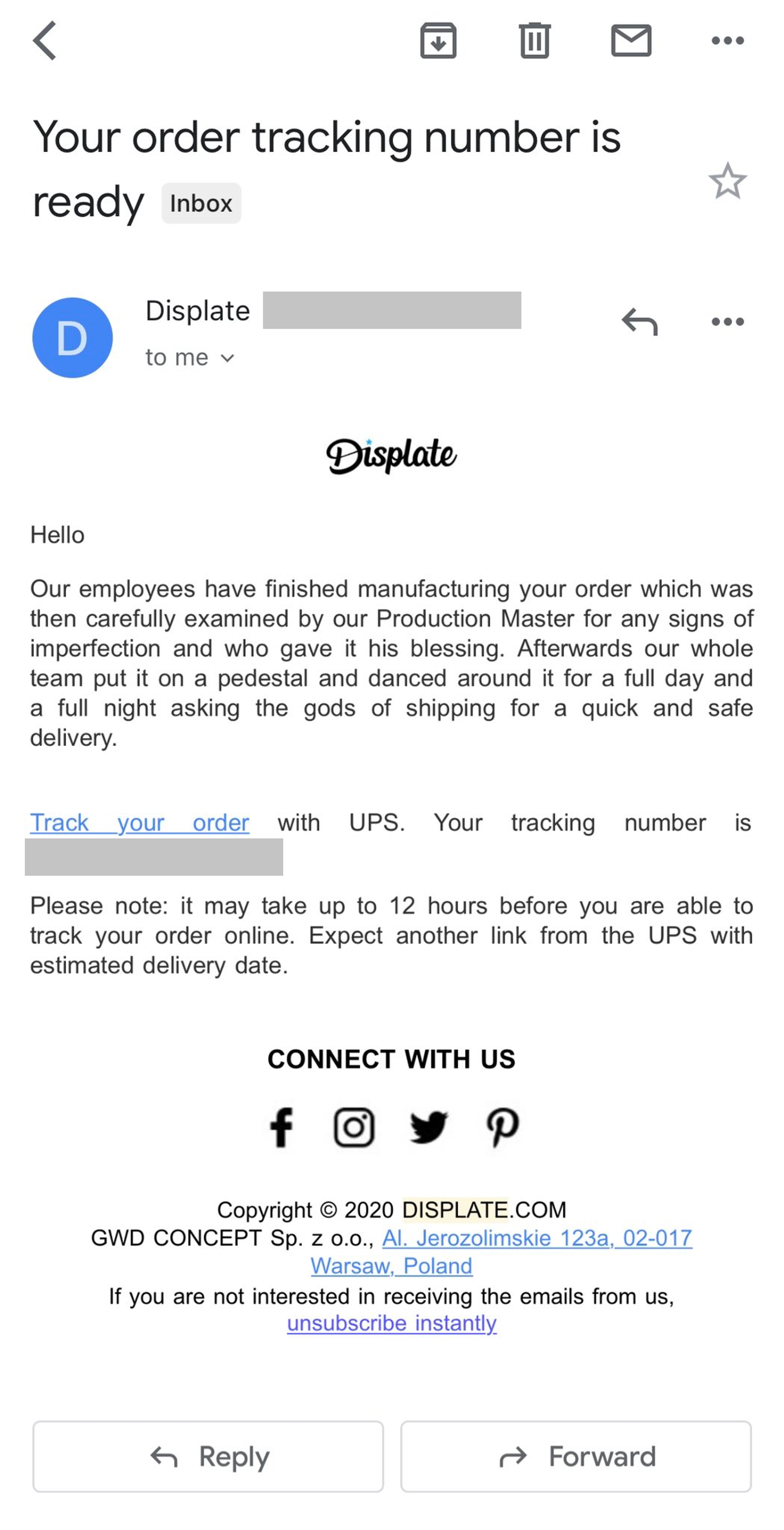 Displate Shipment Confirmation Email Template screenshot