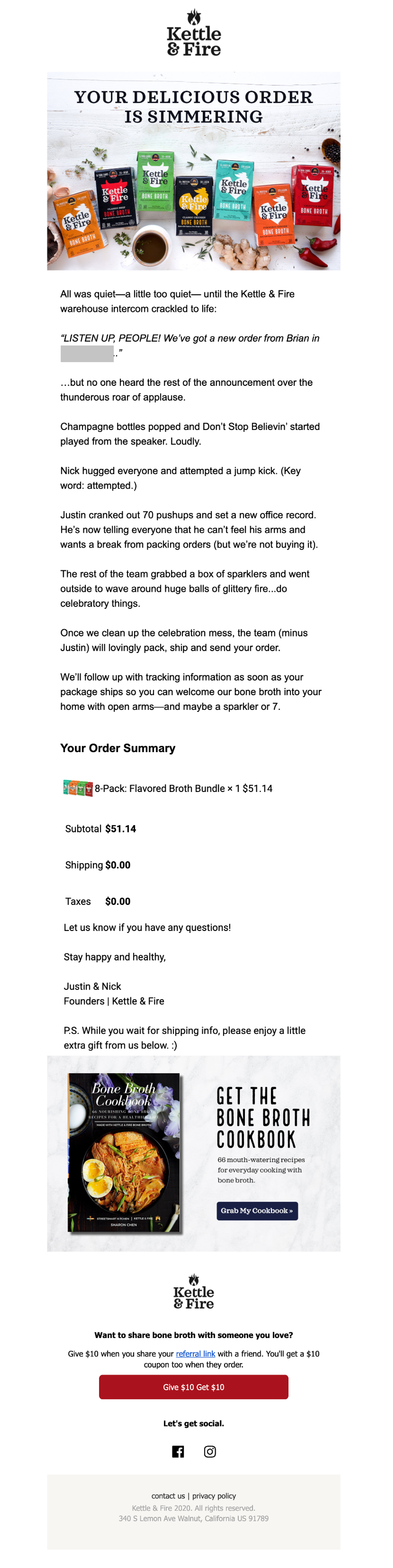 Kettle & Fire Order Confirmation Food and Beverage Email Template 